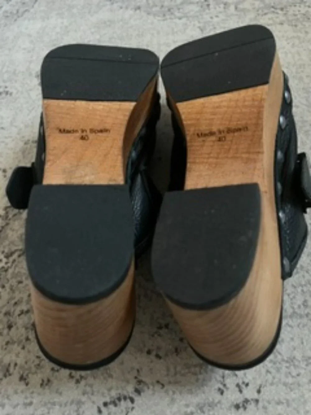 Free People Black Leather Silver Buckles Clogs Thick Wooden Platform 40